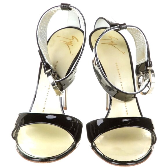 Designer Giuseppe Zanotti Black Patent Leather Ankle Strap Metal Heel Sandal's - Picture 7 of 14